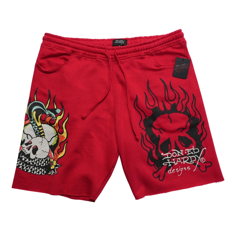 Ed Hardy Mens XL Red Graphic Fleece Shorts Skull Dragon Y2K Tattoo EHM8000